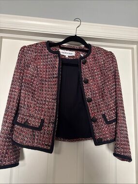Veronica Beard Red Multi Tweed Cropped Blazer with Black Trim